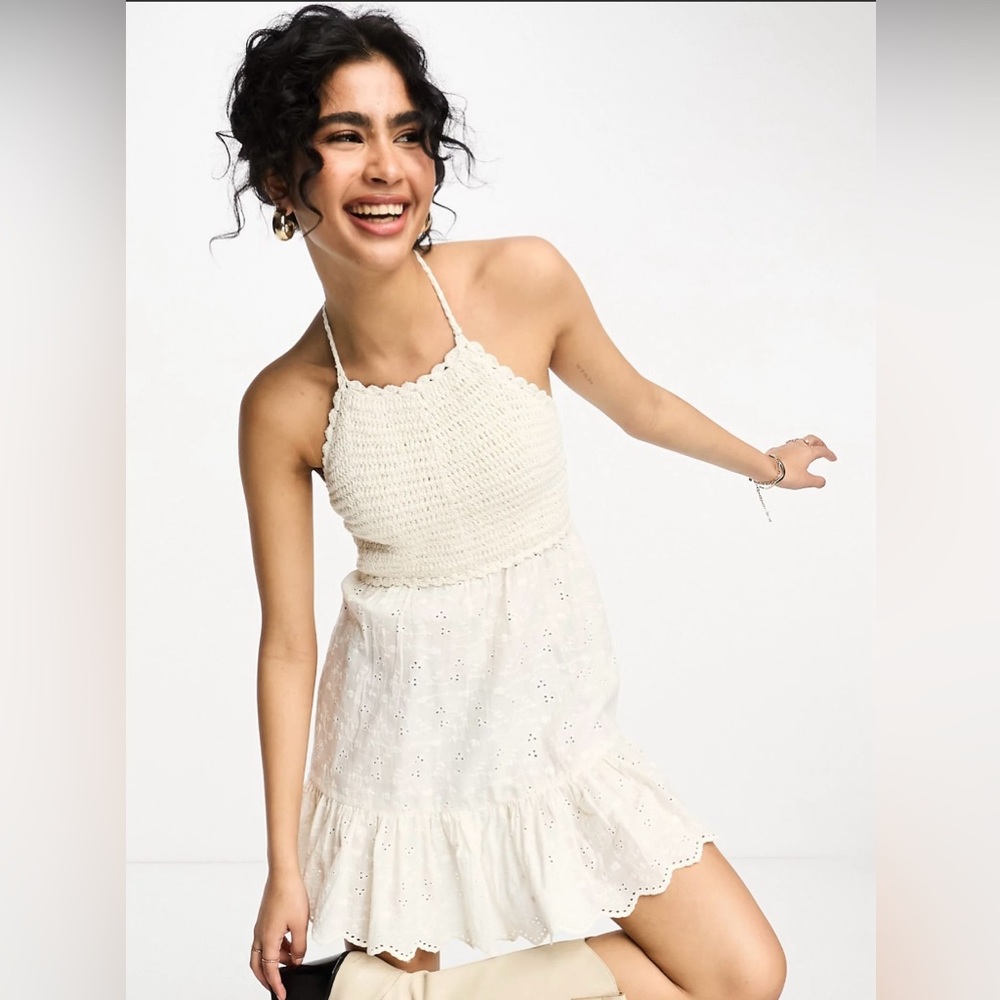 ASOS crochet halter mini dress with eyelet